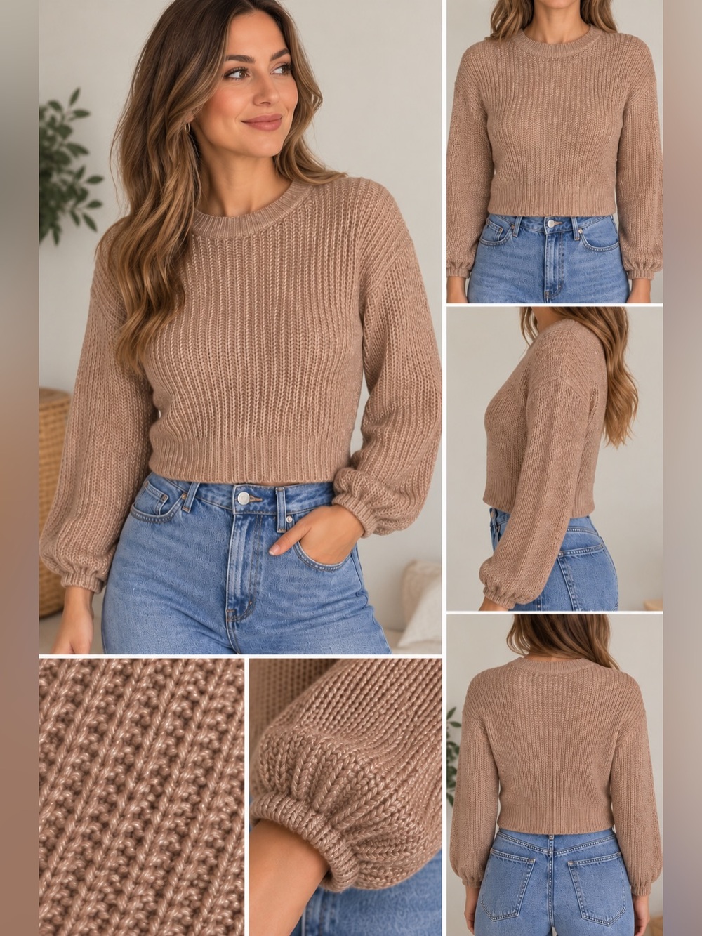 Beige Caramel Knit Cropped Sweater Balloon Sleeves Small NWOT